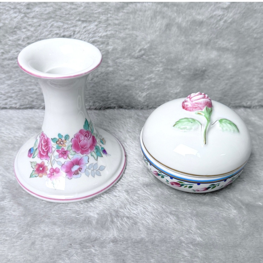 Elizabeth Arden Porcelain Candlestick Holder Trinket‎ Box Set Floral Rose Boho